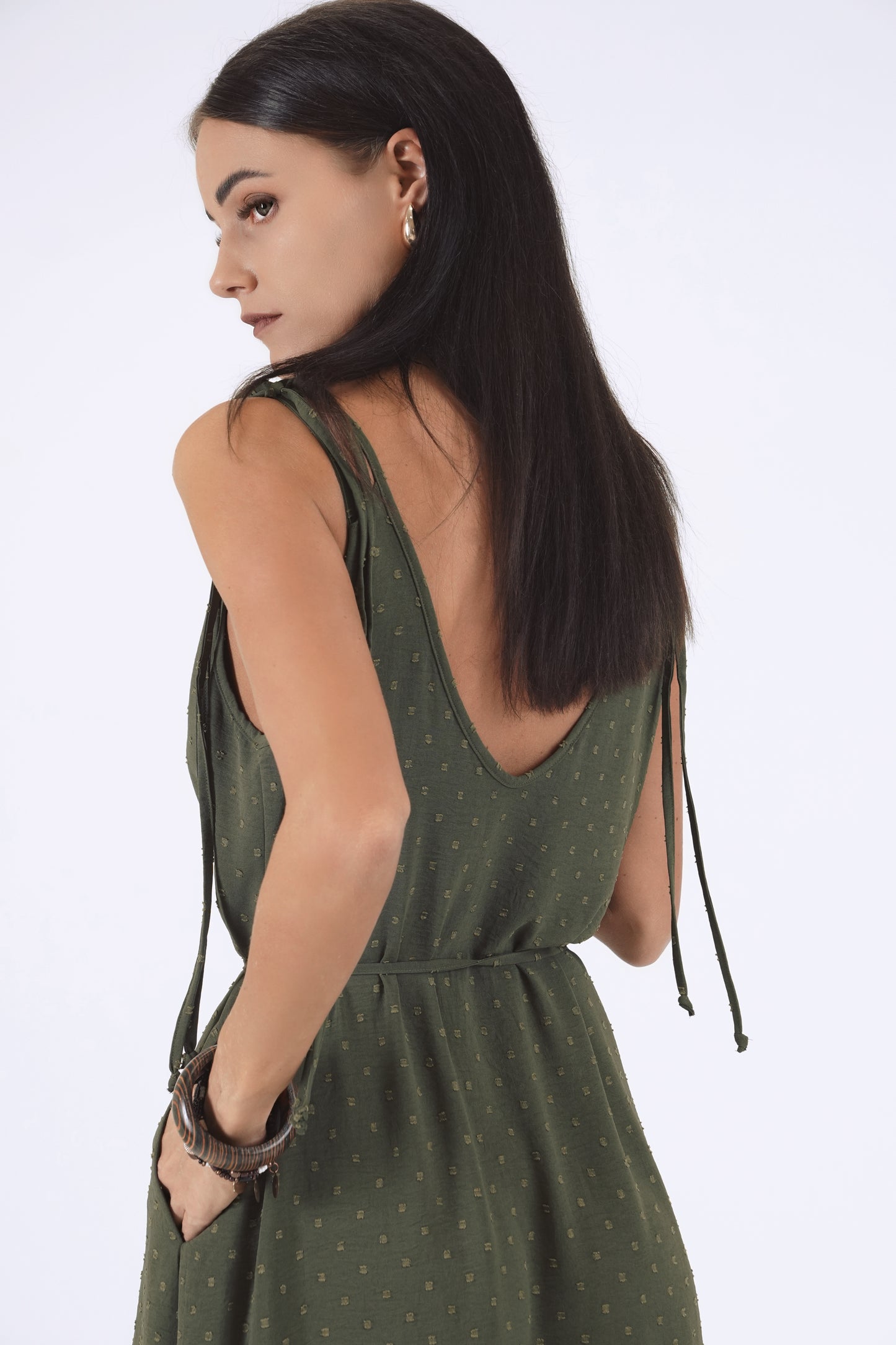 Gara kleita ar šķēlumiem, dark haki green