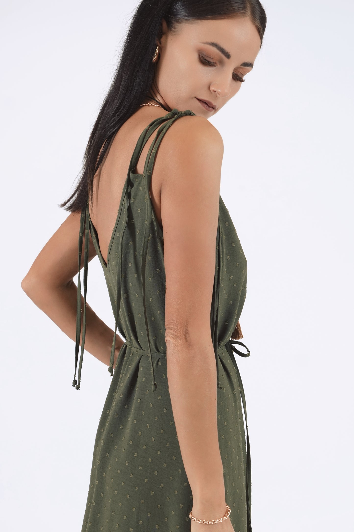 Gara kleita ar šķēlumiem, dark haki green