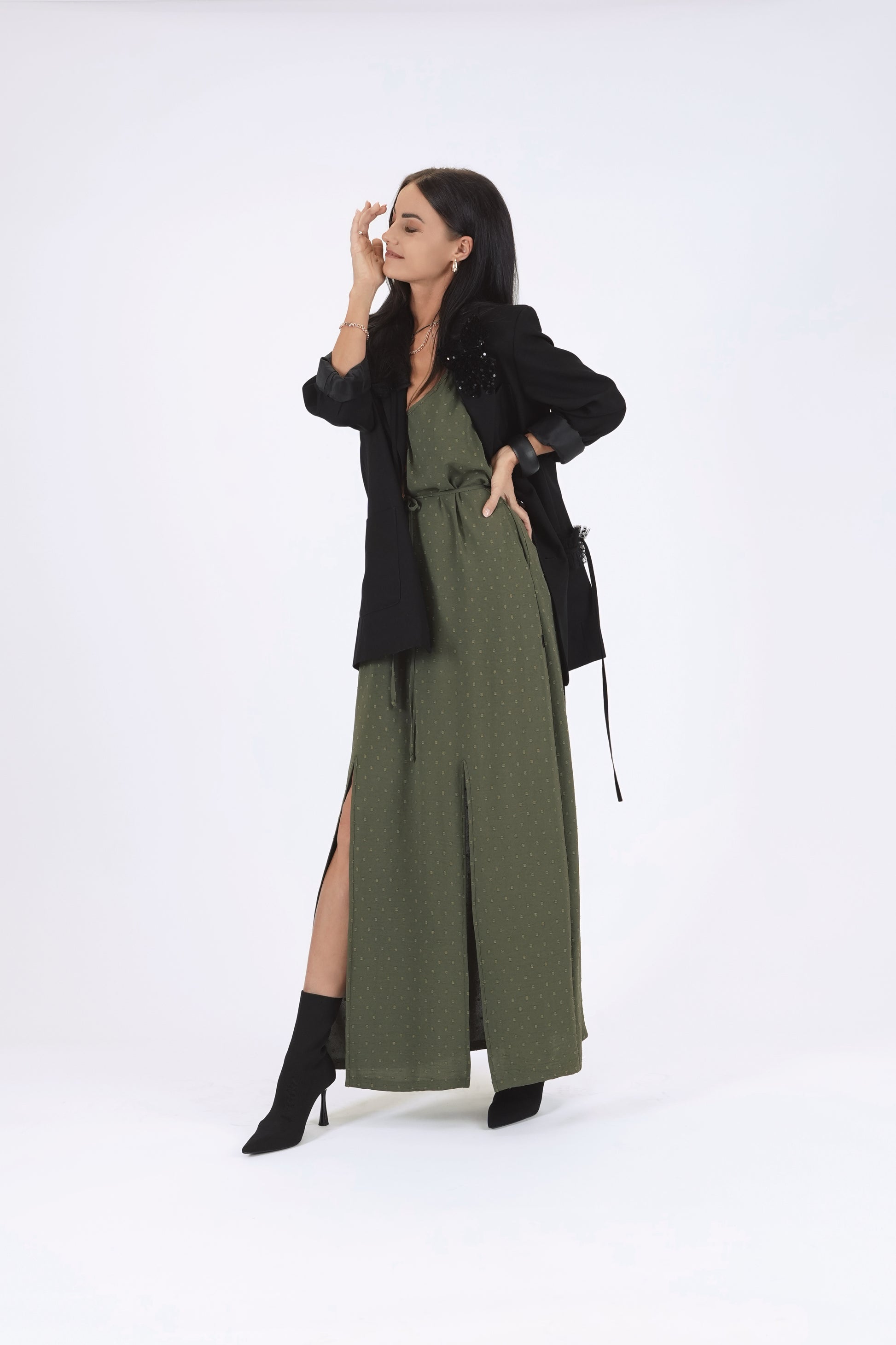dark khaki green dress Women's Dark Khaki Double Layer Slinky One Shoulder Trim Detail Maxi Dress