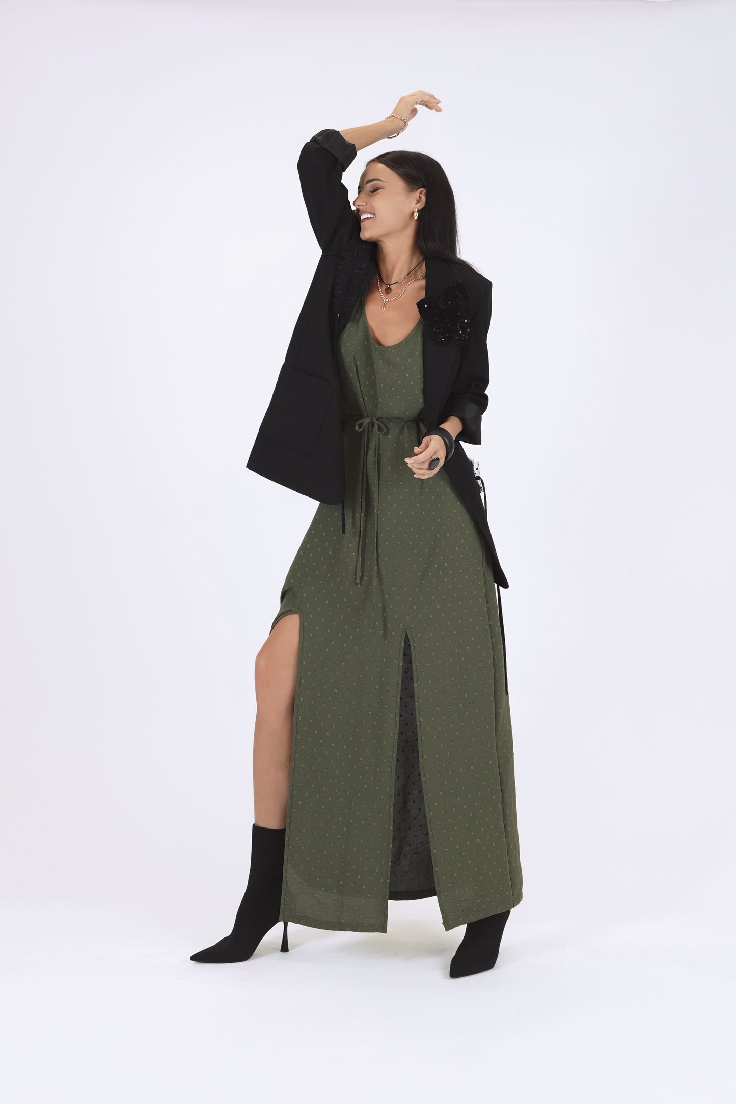 Gara kleita ar šķēlumiem, dark haki green