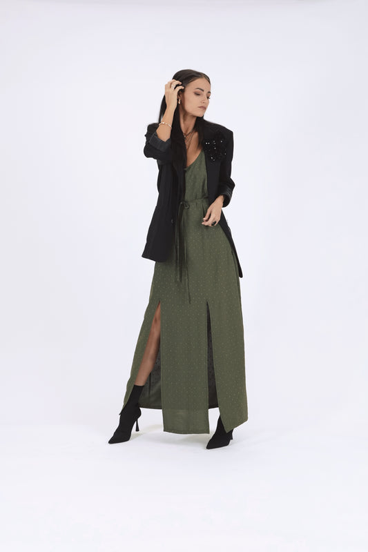 Gara kleita ar šķēlumiem, dark haki green