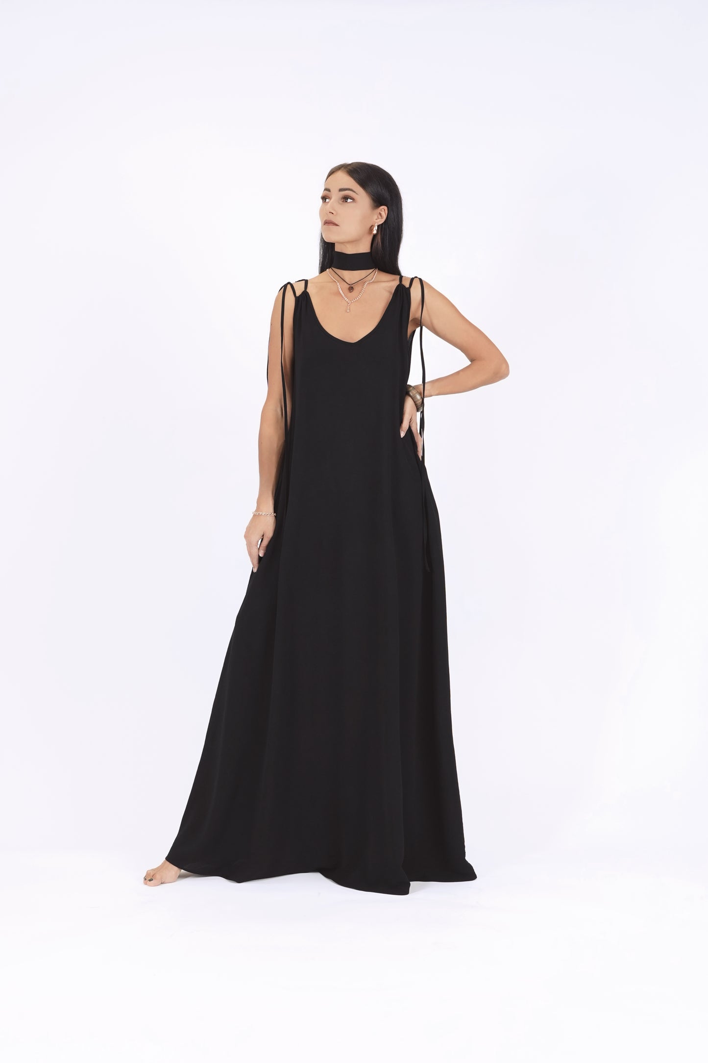 Long A-line dress with double shoulder straps, black KRIKL Long A-line dress with double shoulder straps, black KRIKL