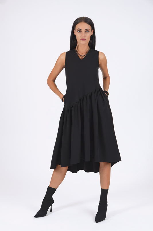 Midi kleita ar slīpu volānu, black