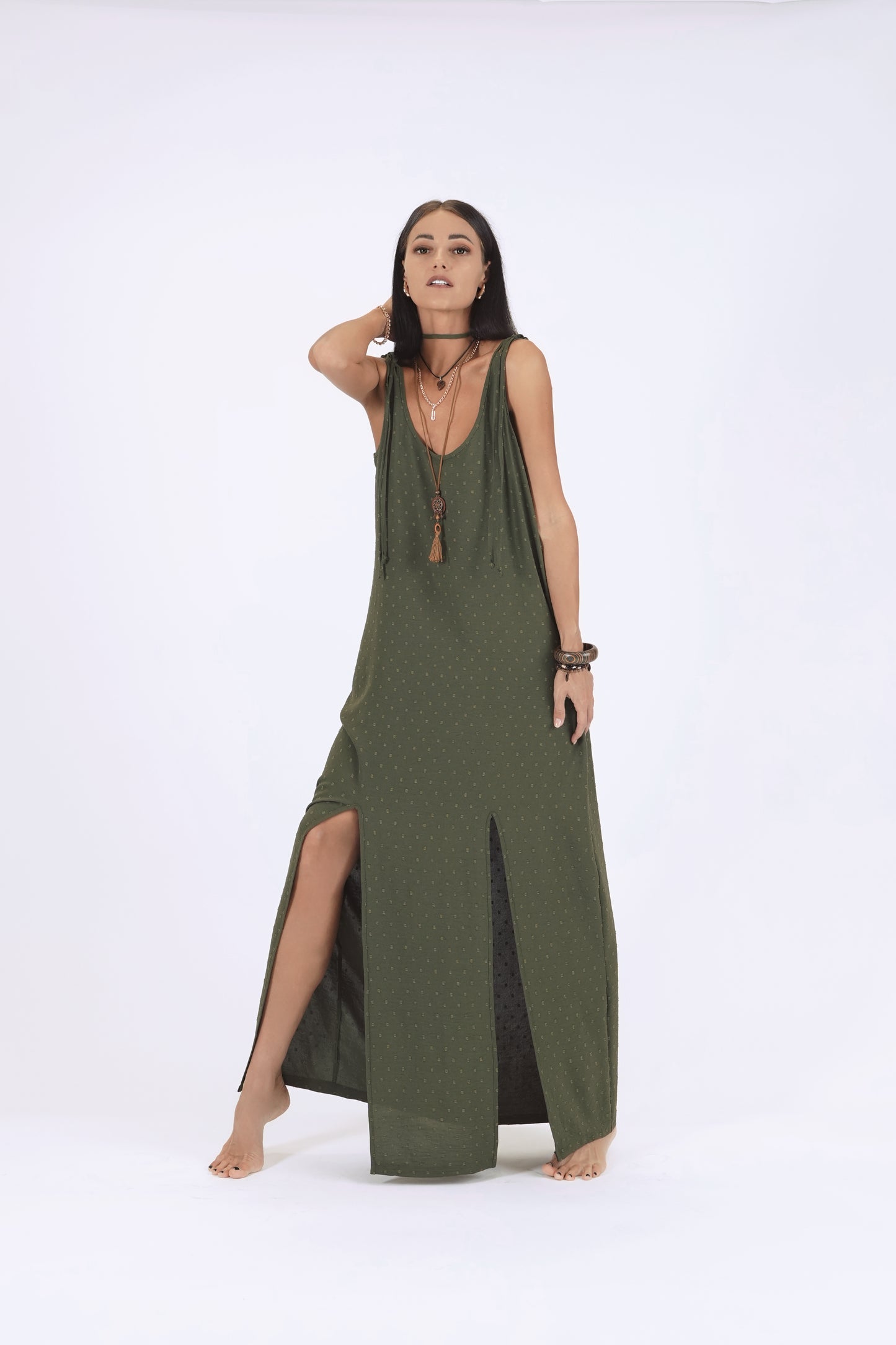 Gara kleita ar šķēlumiem, dark haki green