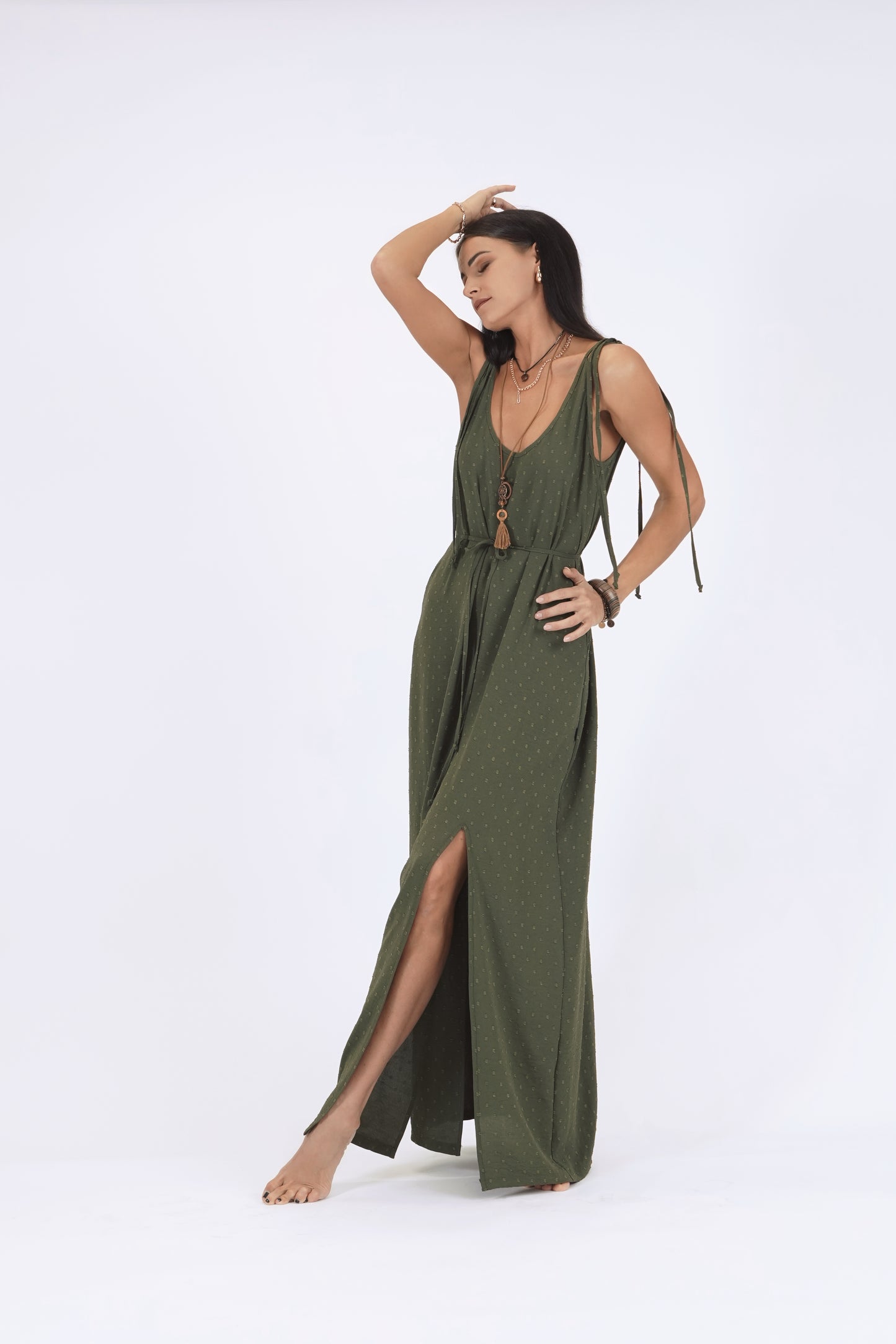 Gara kleita ar šķēlumiem, dark haki green