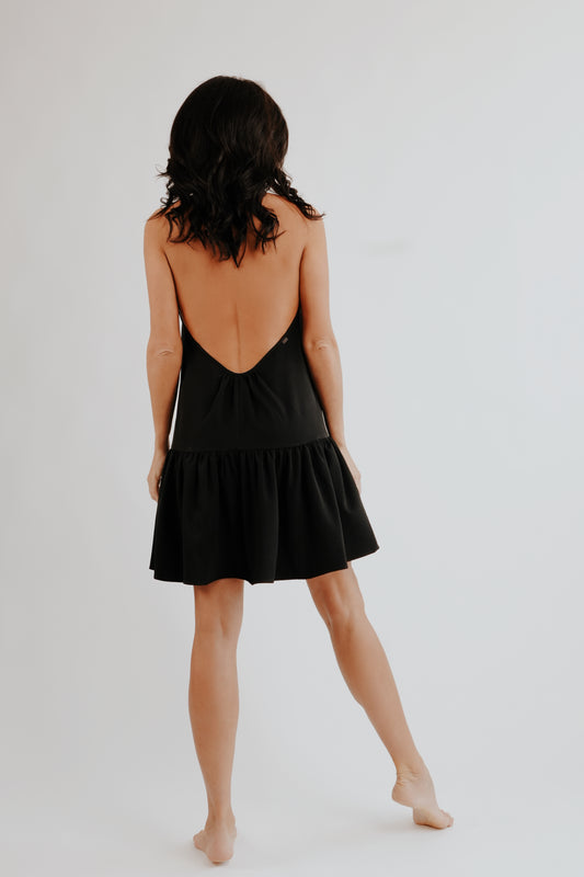 Black short frill dress with open back