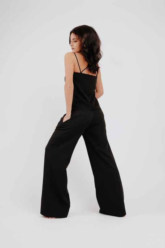 Black pantsuit - classic long trousers with pockets and a top with double straps