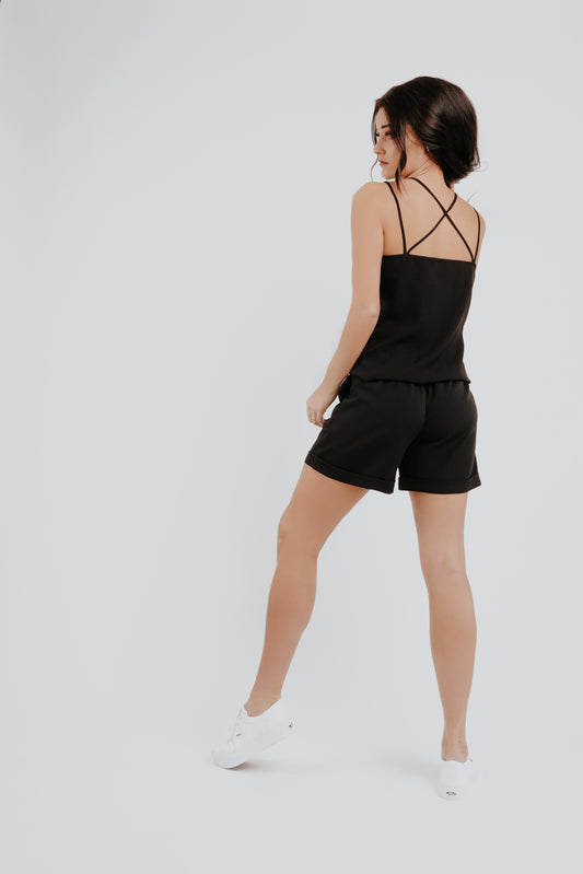 Black summer clothing set - classic shorts with pockets and lapels, top with double straps